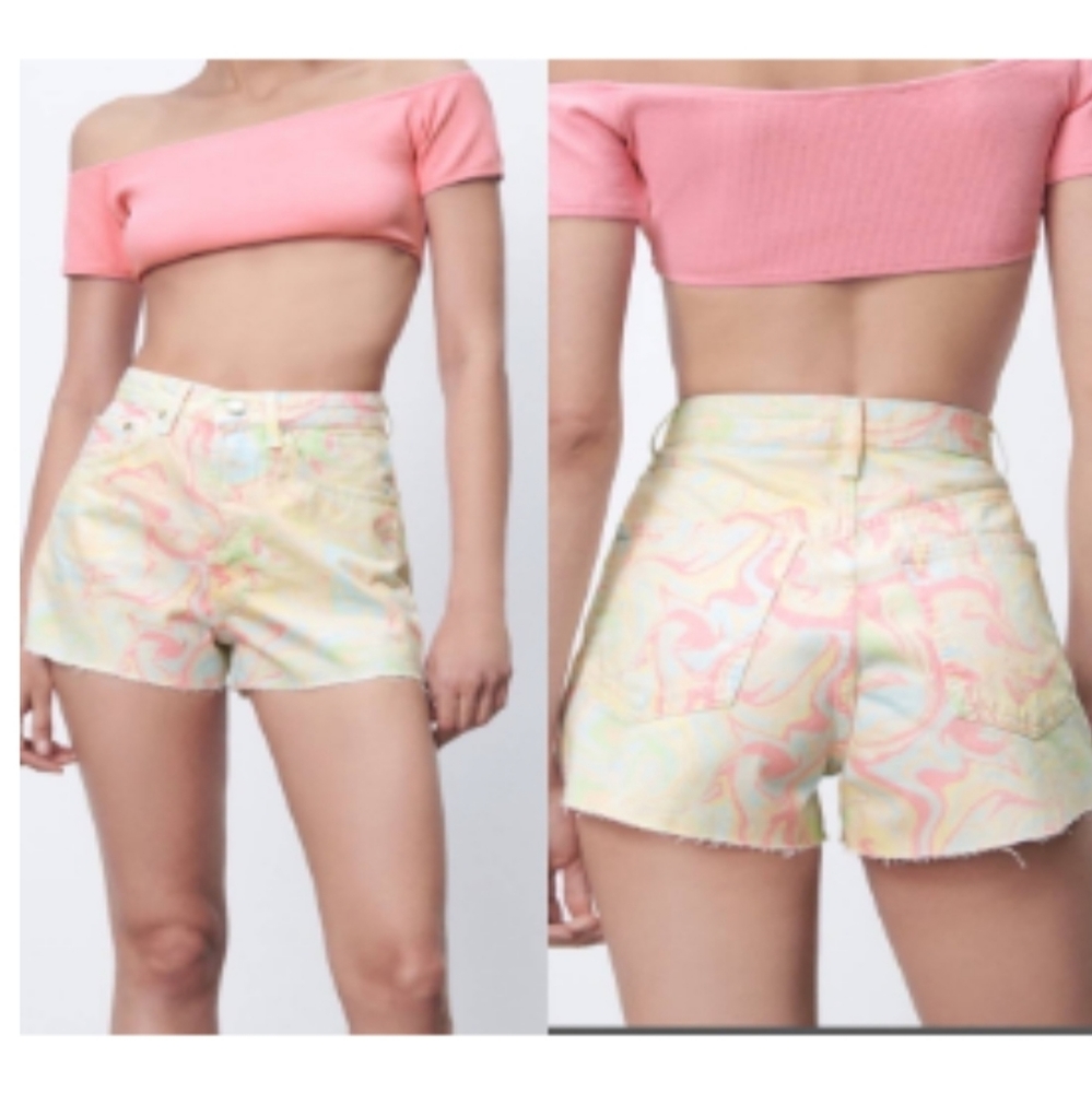 NWT Zara printed yellow, Blue and Pink Printed tie dye shorts  (4) festival - Picture 5 of 8